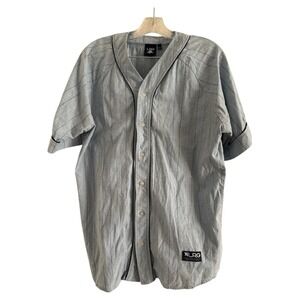 LRG Men's Light Blue Striped Button Up Jersey-LARGE